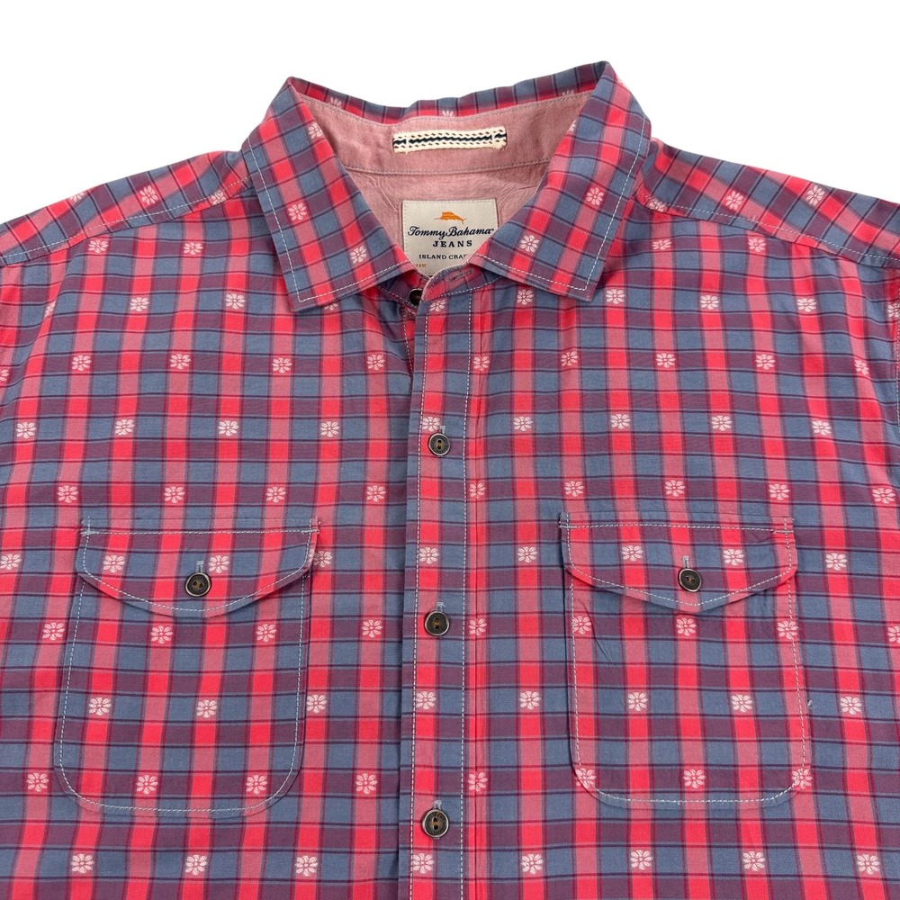 Tommy Bahama Jeans Shirt Mens Large Red Plaid Cotton Short Sleeve Casual Summer